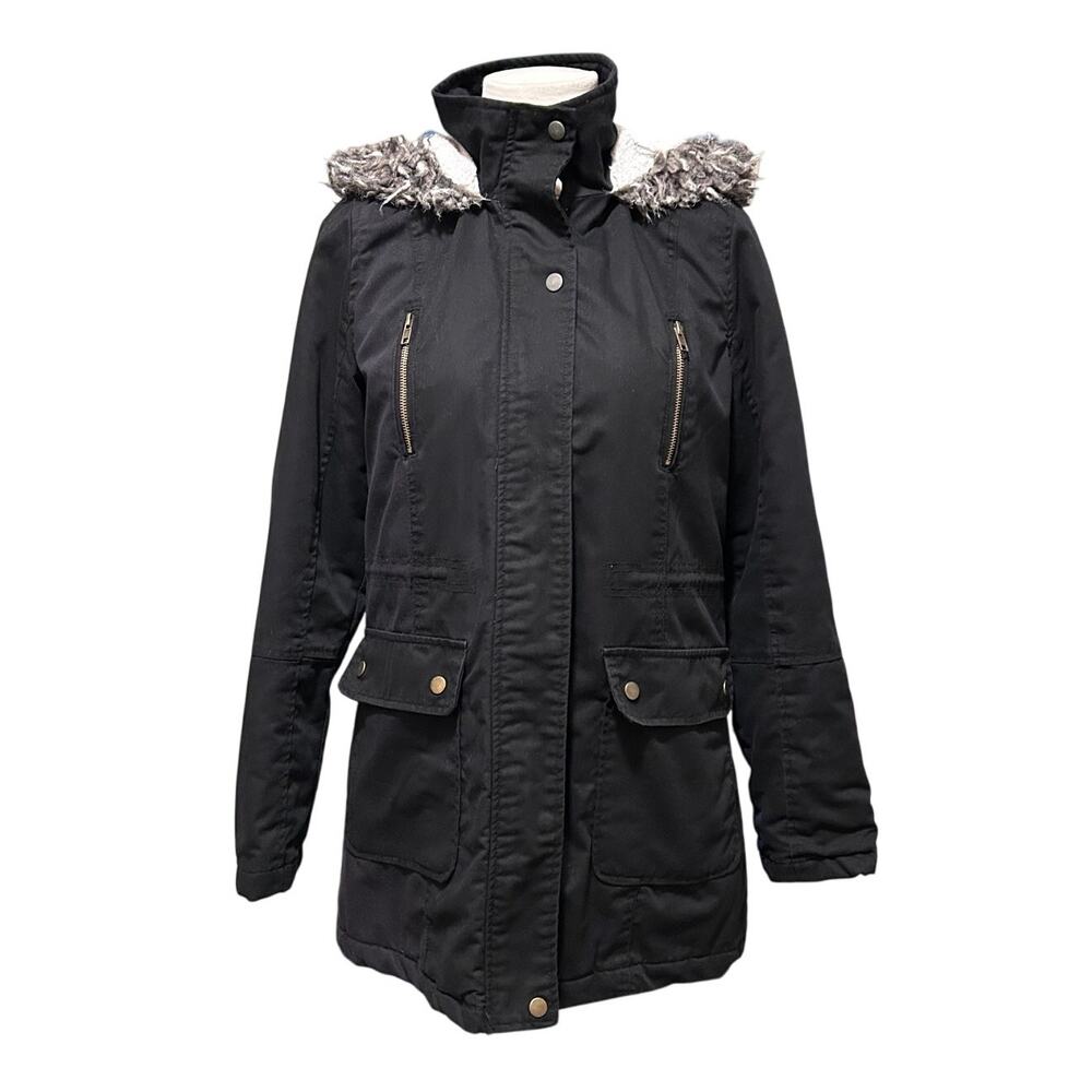 Glamisa Black Winter Coat Faux Fur Size Large - Picture 2 of 12